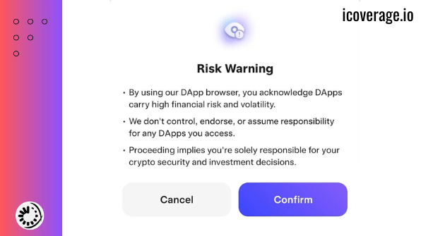 Risk warning message before connecting wallet to ultimate crypto app