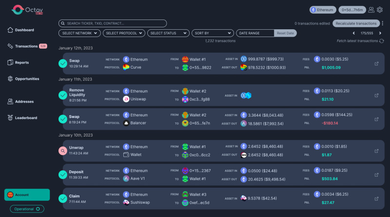 Transactions Overview on Octav DeFi Platform